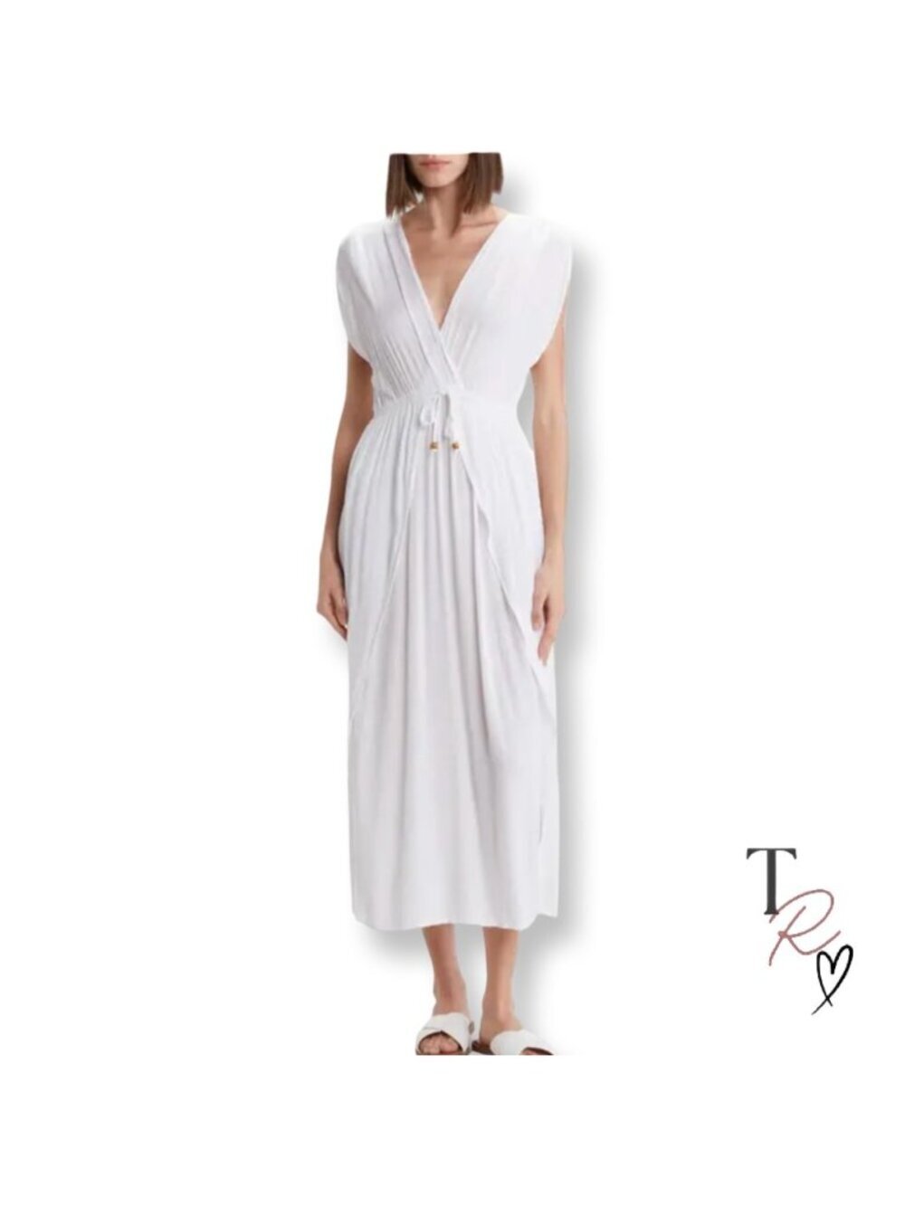 Raviya White Crinkle Maxi Kaftan Cover Up Dress Size Large Boho Beach Resort - Picture 1 of 12